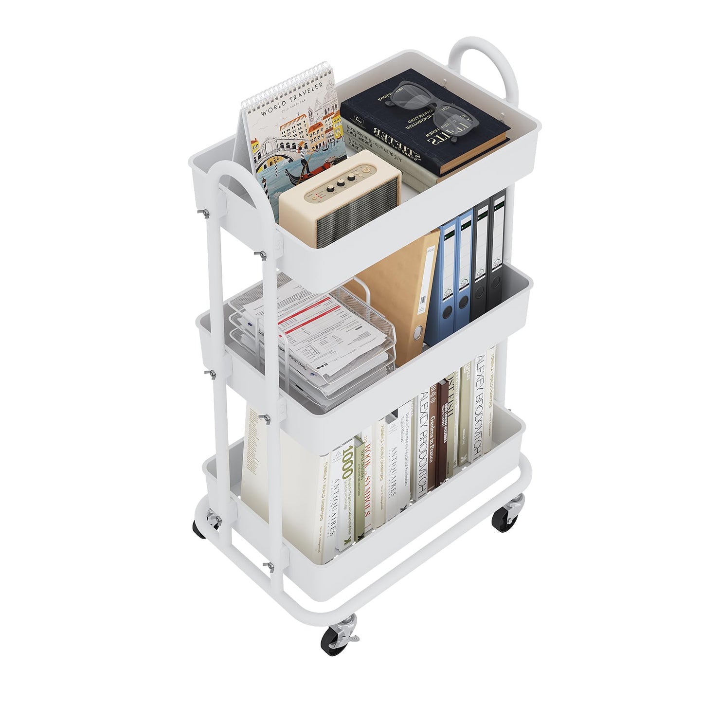 Boeeoan 3-Tier Utility Cart with Wheels, Rolling Cart, Storage Shelves, Multi-Functional Organizer Cart for Bathroom, Office, Kitchen, White