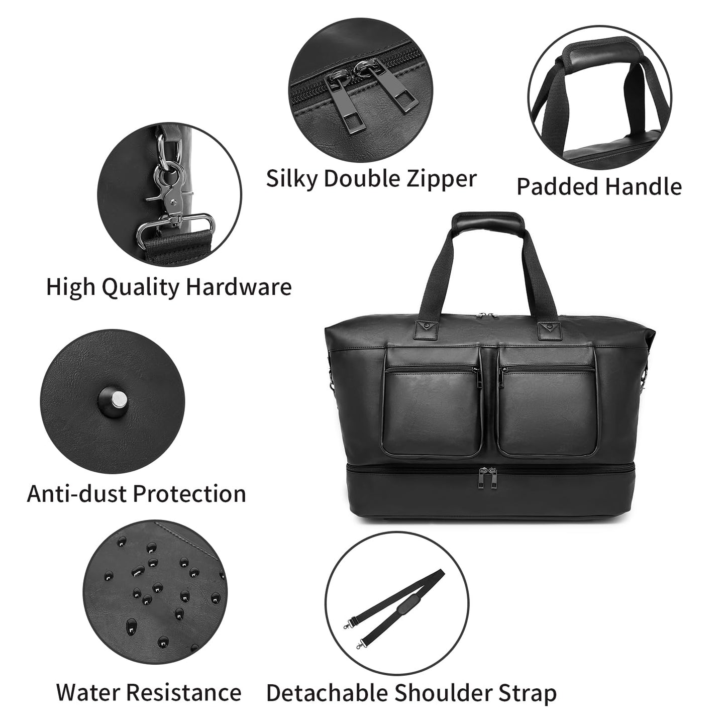 Pu Leather Travel Duffle Bag, Overnight Weekender with Shoe Compartment - Large Gym Bag for Men & Women - Black