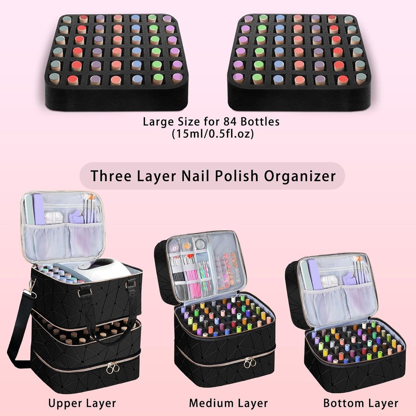 Yttriuny Nail Polish Organizer Holds 84 Bottles (15ml/0.5fl.Oz) + UV Lamp & Manicure Tools, 3-Layer Detachable PU Leather Nail Kit Storage Bag,Large Travel Shoulder Bag for Nail Supplies – Black