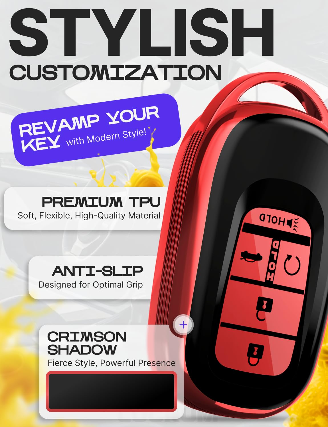 Lucrum Compatible with Honda Key Fob Cover & Leather Keychain - TPU Keyfob Case for Accord Civic CR-V HR-V Pilot Ridgeline, For 5 Button Remote (2022-2026) - Red and Black