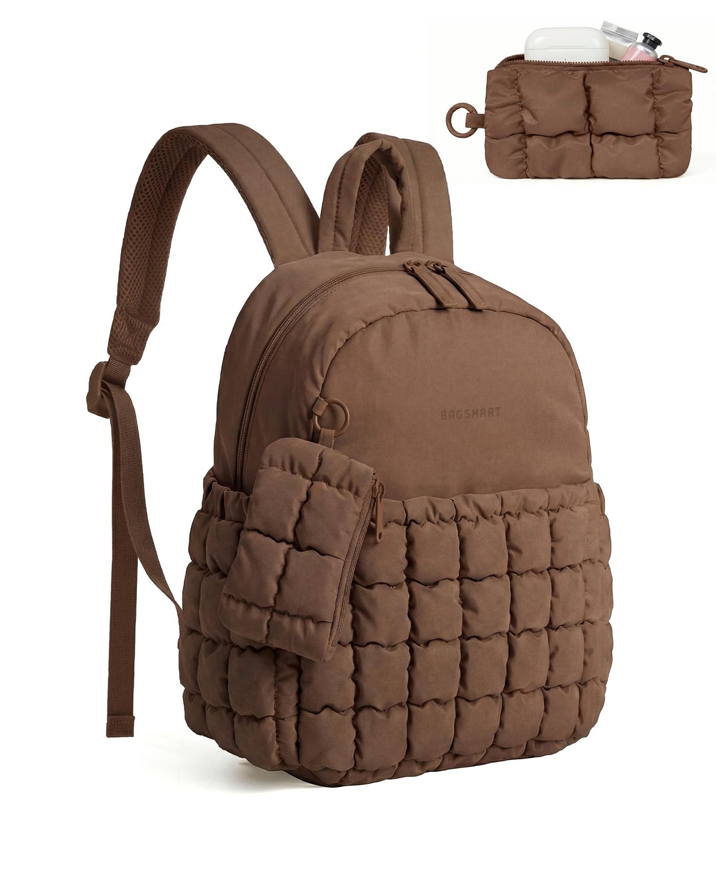 BAGSMART Mini Backpacks for Women, Puffy Checkered Quilted Small Backpack with Pouch, Lightweight Daypack Purse, Water-Resistant Bookbag for Daily Travel College, 2-in-1 Set, Coffee Brown
