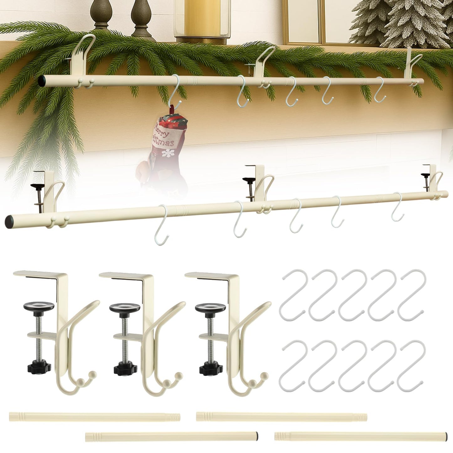 Hoolerry 3 in 1 Christmas Stocking Garland Hanger for Mantle Fireplace 3 Mantel Garland Hangers with 4 Adjustable Tension Rods 10 S Hooks for Xmas Holiday Stocking Wreath Hanging Ornament Decorations