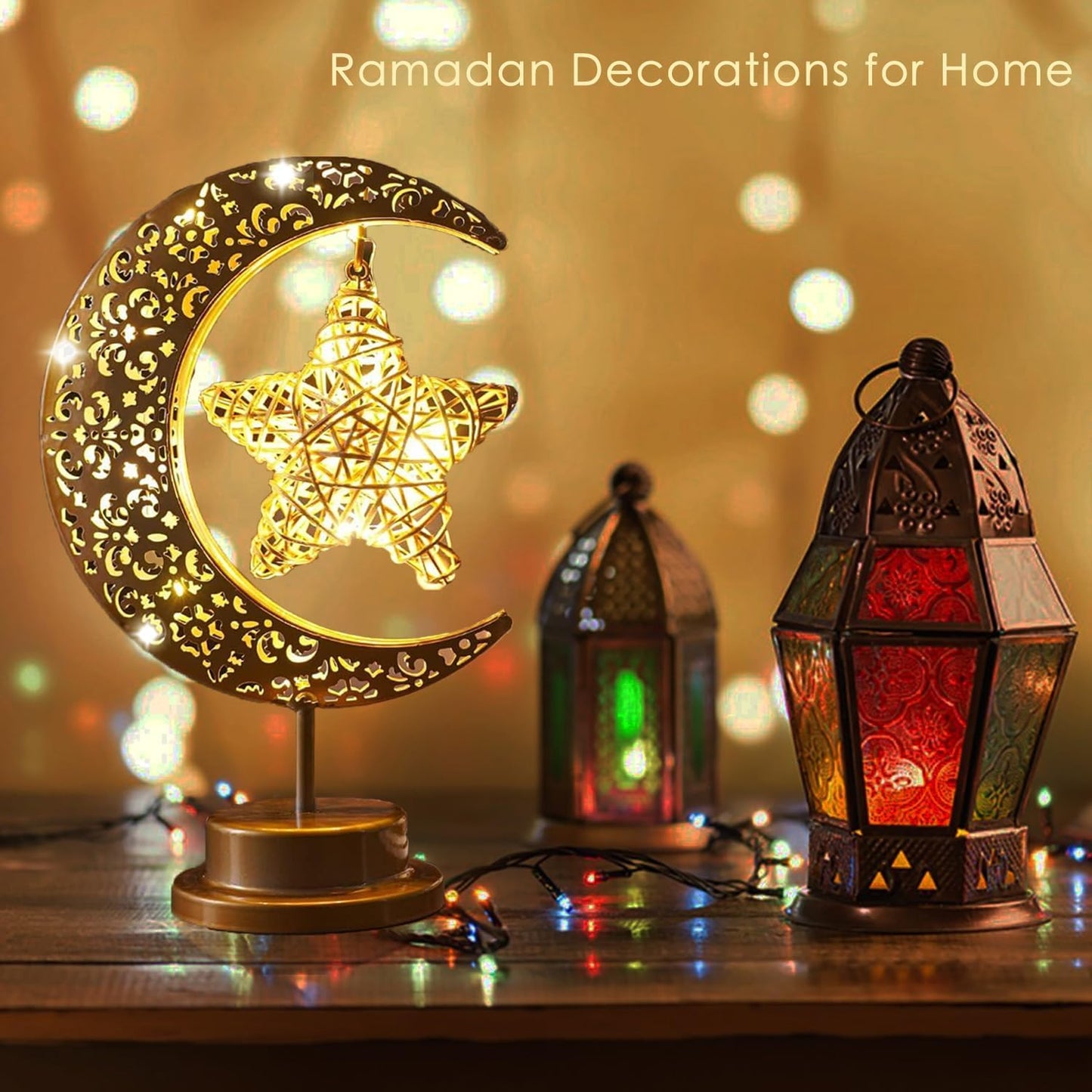 Lifnatty Ramadan Decorations Moon Lamp, Ramadan Decor for Home, Eid Mubarak Decorations, Ramadan Eid Gifts, Enchanted Lunar Table Lamp, Half Moon Lights, Battery Operated Moon Star Night Light
