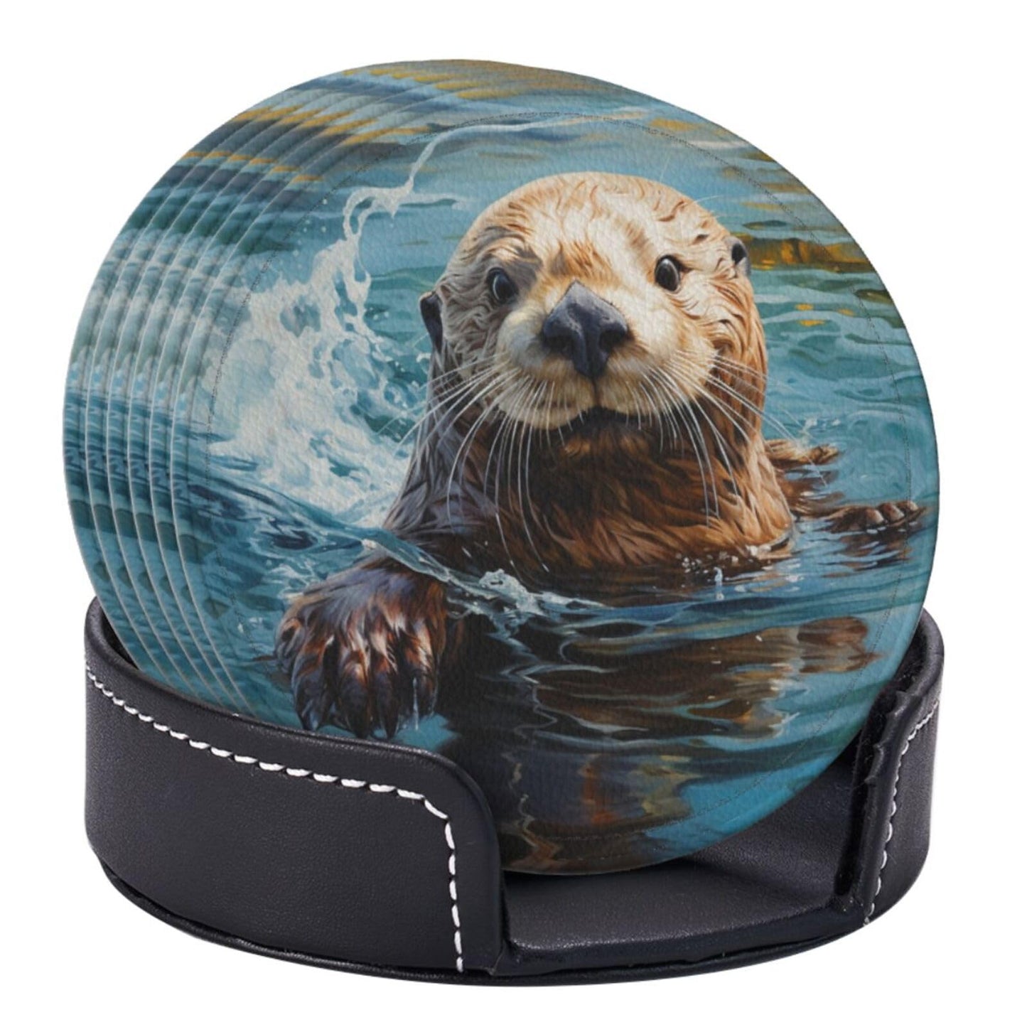 Famame 6 Pcs Cute Sea Otter Leather Coasters for Drinks with Holder Coaster Sets Drink Table Cup Coasters for Living Room Kitchen Coffee Decor