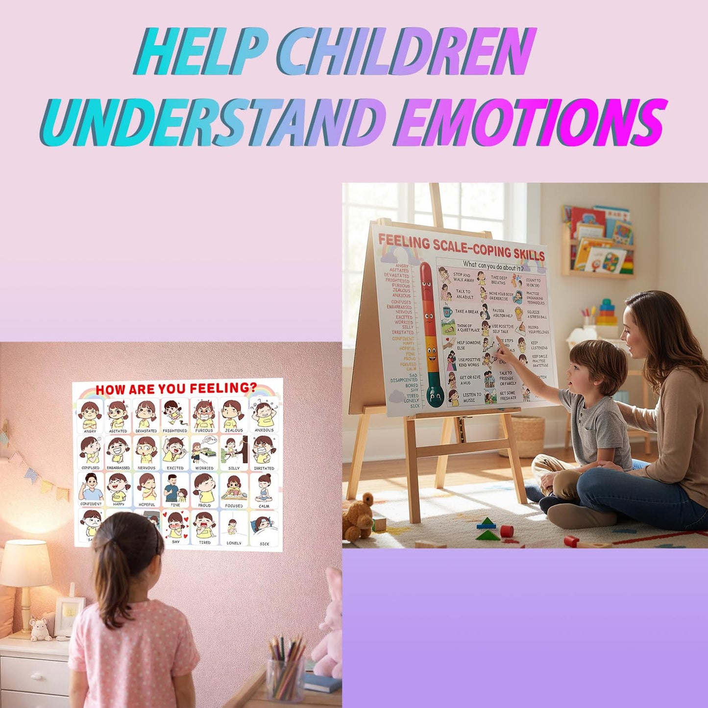 Askyorte Feelings Chart for Kids, Emotional Regulation Poster with Coping Skills, Calm Down Corner Supplies for Classroom, Home, Mental Health & Behavior Management Tools