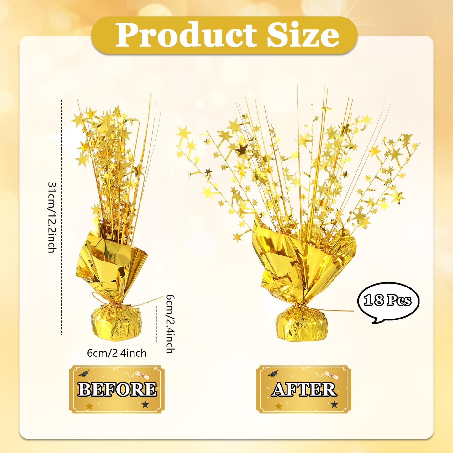 18 Pack 2026 Graduation Table Centerpiece Decoration Metallic Foil Spray Centerpiece Glitter Star Brust Table Topper Decoration for Graduation Birthday New Year Holiday Party Supplies (Gold)
