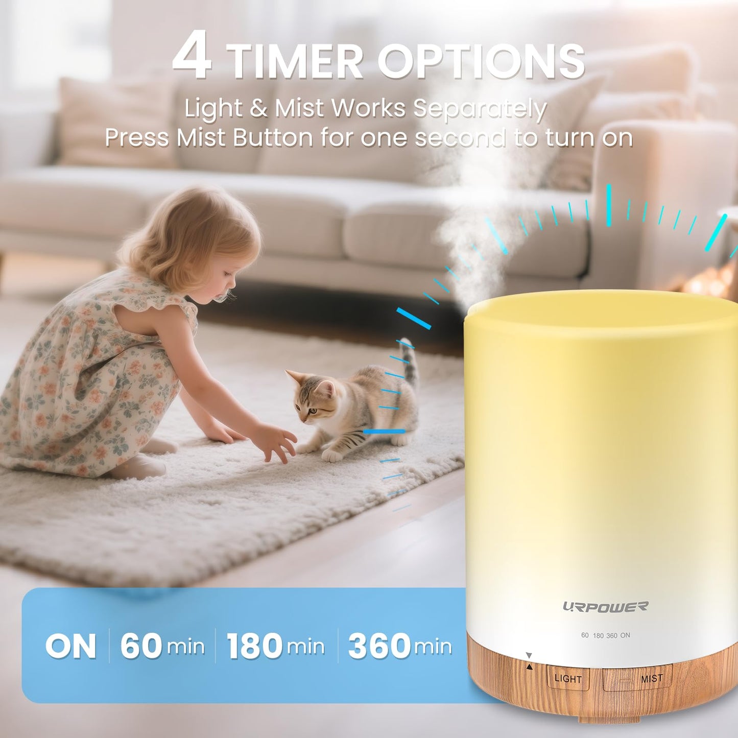 URPOWER 300ml Essential Oil Diffuser Ultrasonic Air Humidifier AUTO Shut Off Aromatherapy Scent Diffuser Night Light 7 Color Changing LED Lights and 4 Timer Settings for Home Office Yoga