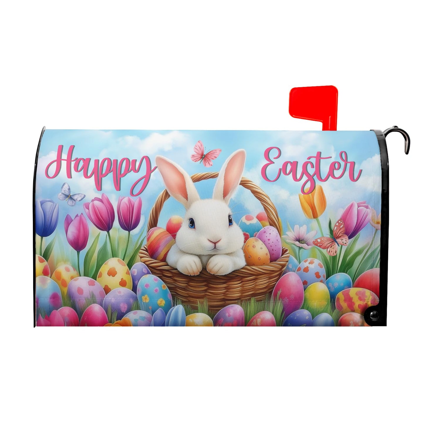 Happy Easter Welcome Mailbox Cover Magnetic Standard Size 25"x21" Cute Bunny Rabbit Eggs Decorative Post Letter Box Wrap Farmhouse Spring Easter for Garden Yard Outdoor Easter Mailbox Decoration