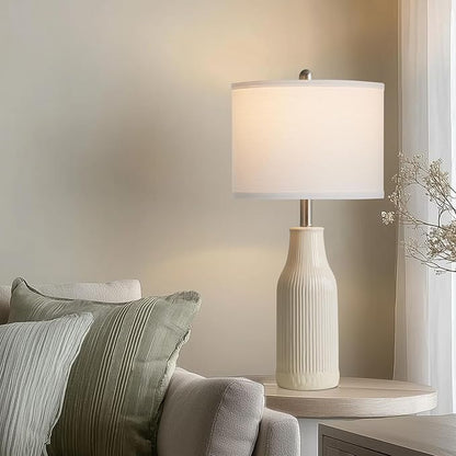 24.5" Ceramic Table Lamps Set of 2, Modern Farmhouse Bedside Lamps for Bedroom Nightstand, Small Table Lamp for Living Room End Table, Beige (2 LED Bulbs Included)