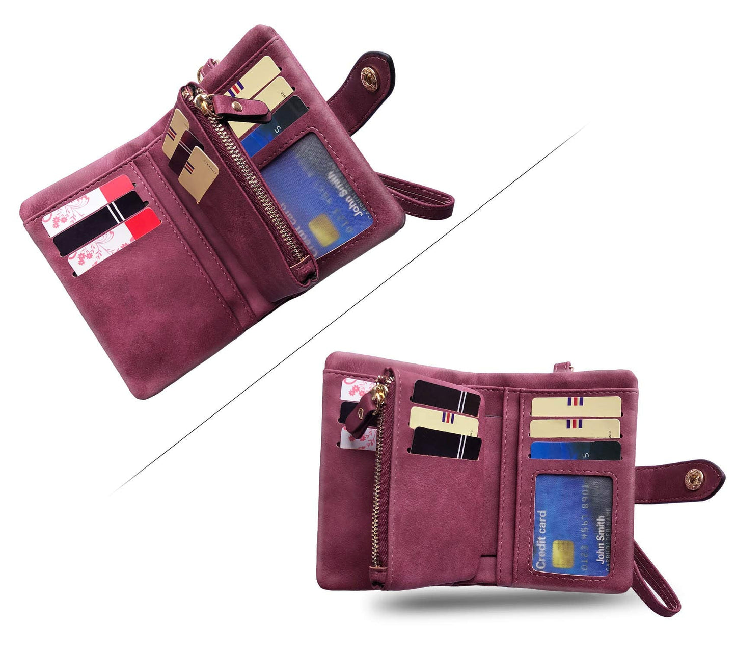 PofeeXIO Womens Small Bifold Leather Wallets RFID Ladies Wristlet with Card Slots id Window Zipper Coin Purse (Purple)
