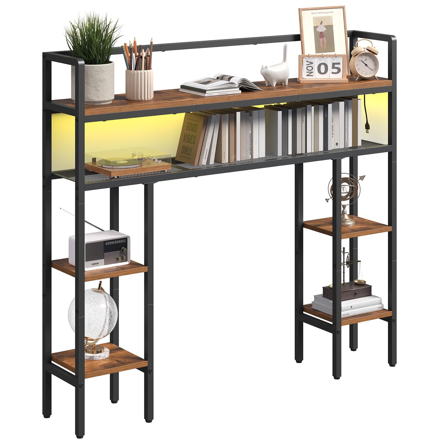 MAHANCRIS Desk Shelf, 43.3" Desk Hutch with Light Strip, Office Desktop Organizer, 5 Tier Desktop Bookshelf for Computer Monitor, Storage Rack for Study, Home Office, Rustic Brown DSHR9801