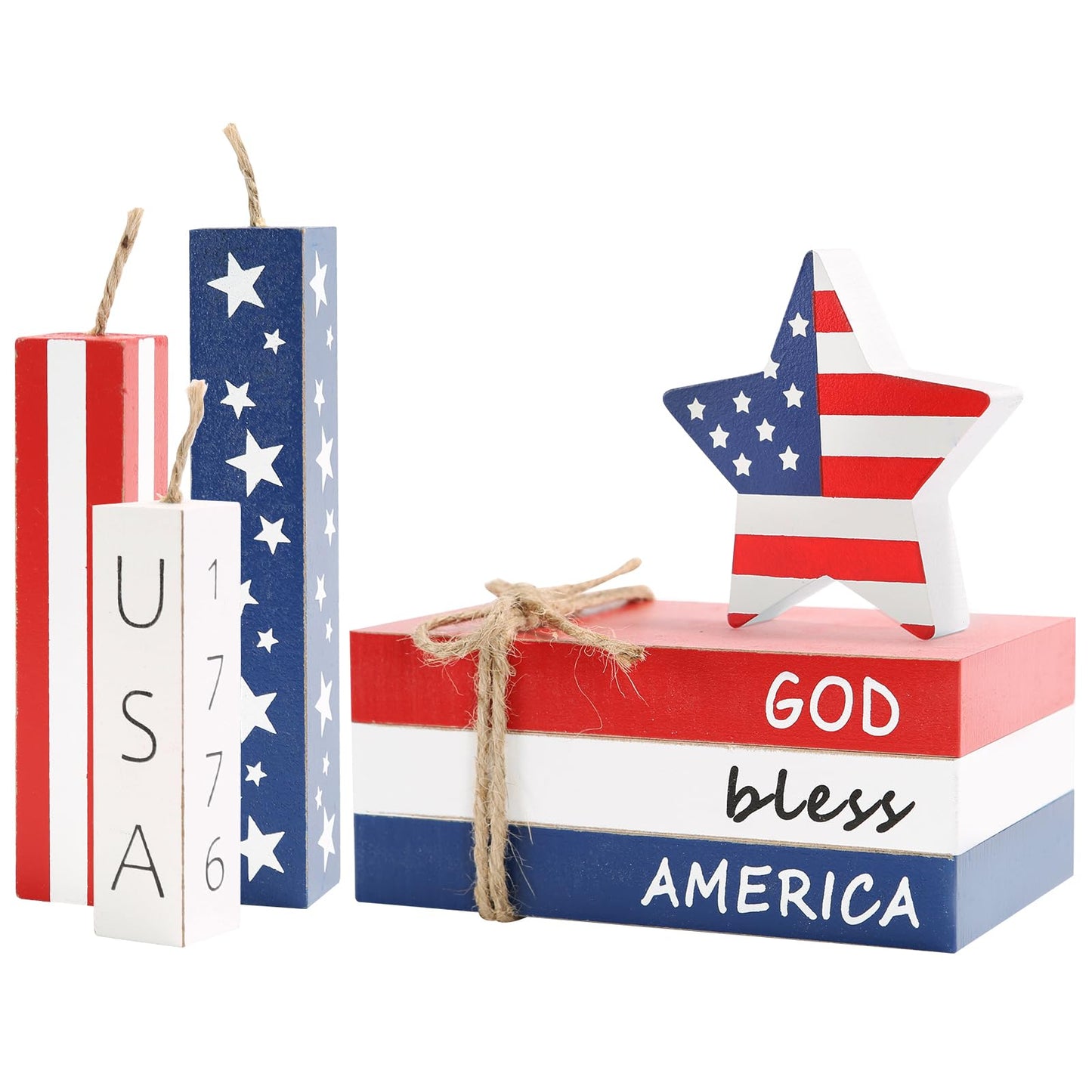 4th of July Decorations, 7 Pcs Patriotic Table Centerpieces Fourth of July Tabletop Decor Wood Faux Book Stack Star Sign Firecracker Farmhouse Decor for Tiered Tray Home Office Shelf Mantel