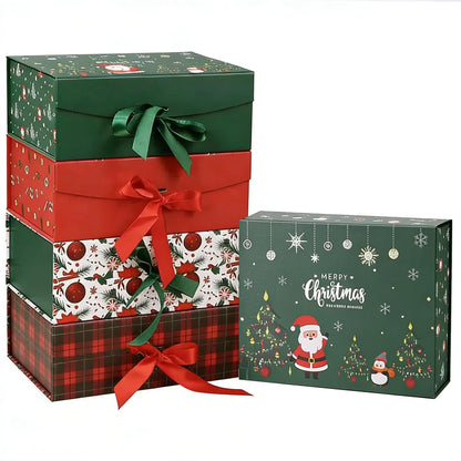 Dimore Christmas Magnetic Gift Boxes with Lids, Collapsible Hardboard Gift Packaging, Red & Green Holiday Boxes for Presents, 4 Pack (Multiple Sizes) (4Pack Christmas 9.5"*6.9"*4.2")