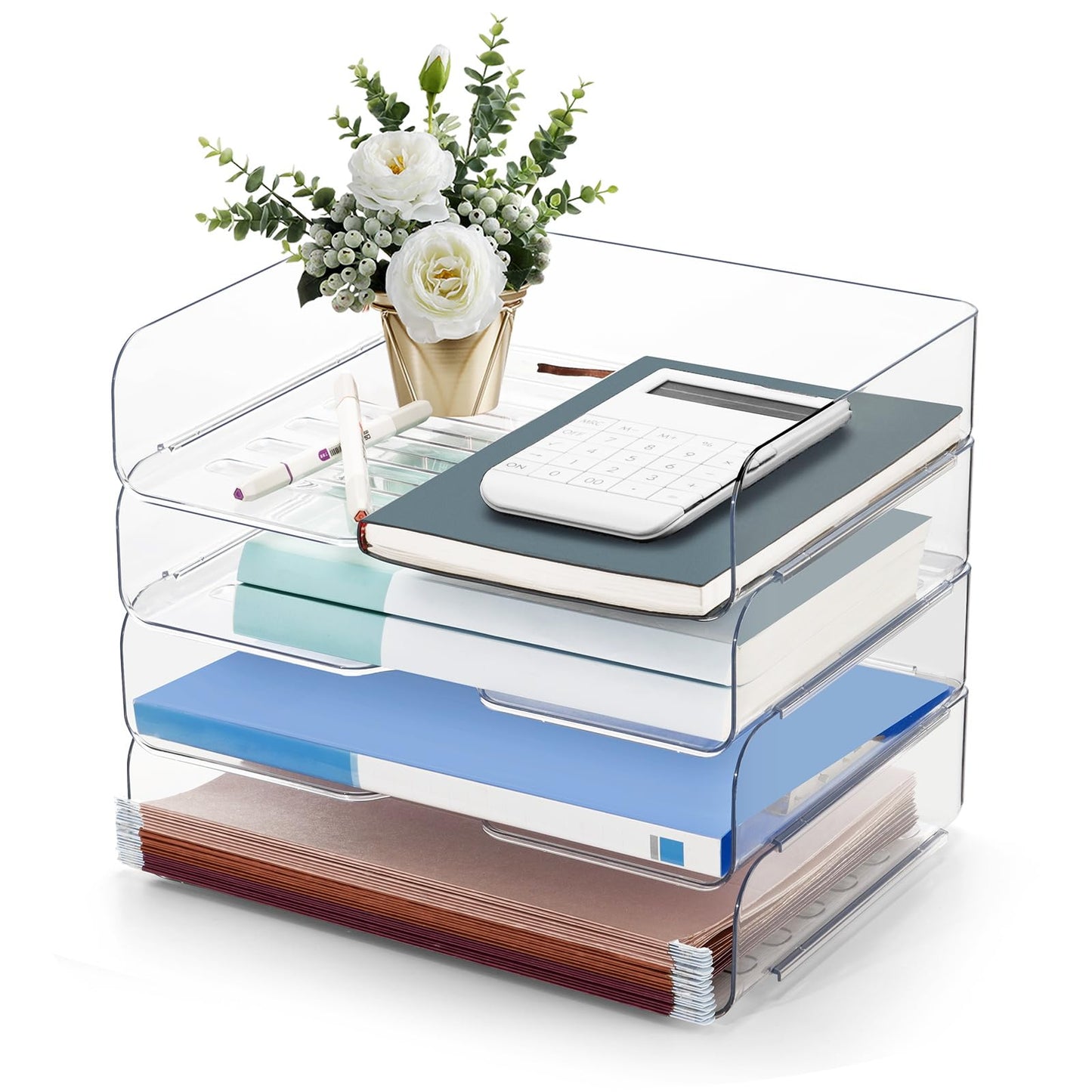Desk Organizer and Storage,4-Tier Paper Letter Tray Organizers,Stackable Clear Desktop Organizer for Documents,Book Magazine Storage,Office Supplies, (Clear,4 Pack)