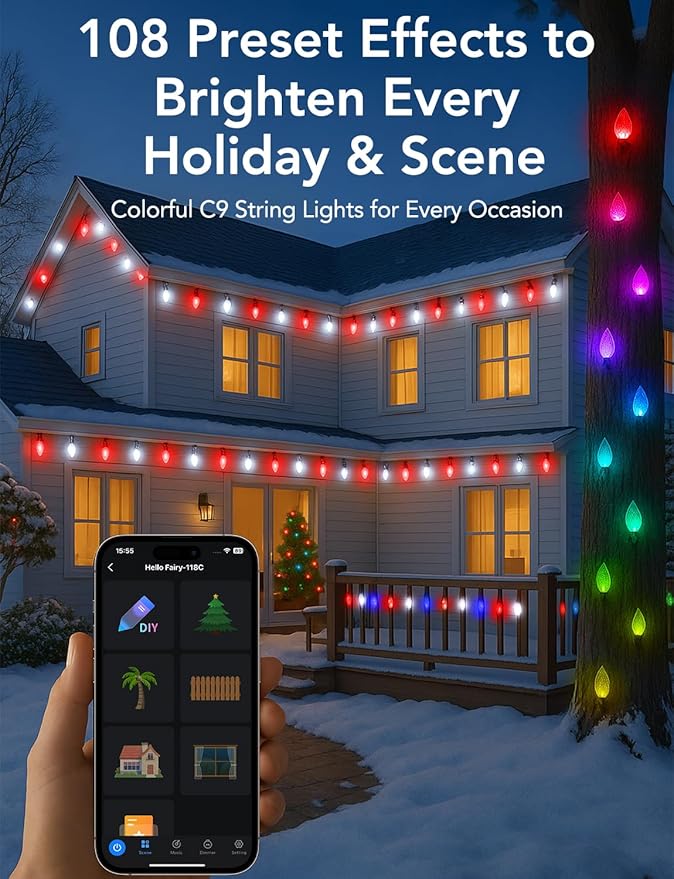 Smart C9 Christmas Lights Outdoor, 132FT 200 LEDs, RGB Color Changing String Lights with Music Sync & DIY, 108 Modes, App Controlled Waterproof Lights for Large House, Wedding, Halloween decorations