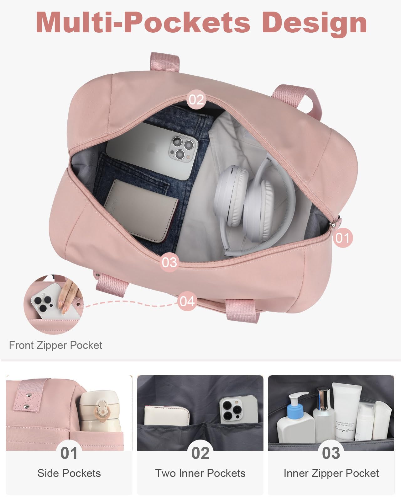 Pritent Travel Duffle Bag, Waterproof Weekender Overnight Hospital Bags for Women Men with Toiletry Bag Lightweight Personal Item Duffle Gym Bag for Travel, Airplanes, Sports(Pink, Medium)