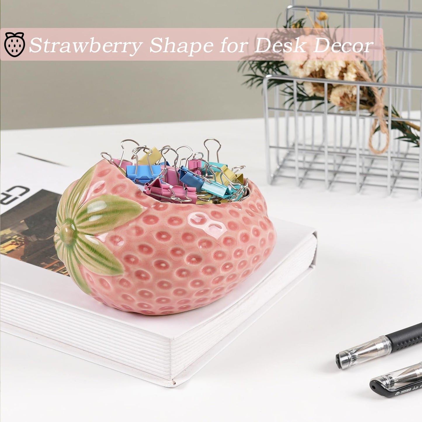 Zaposcca Ceramic Paper Clip Holder, Strawberry-Shaped Binder Clip Box Cute Office Decor Supplies for Desk Organizer (Strawberry Pink)