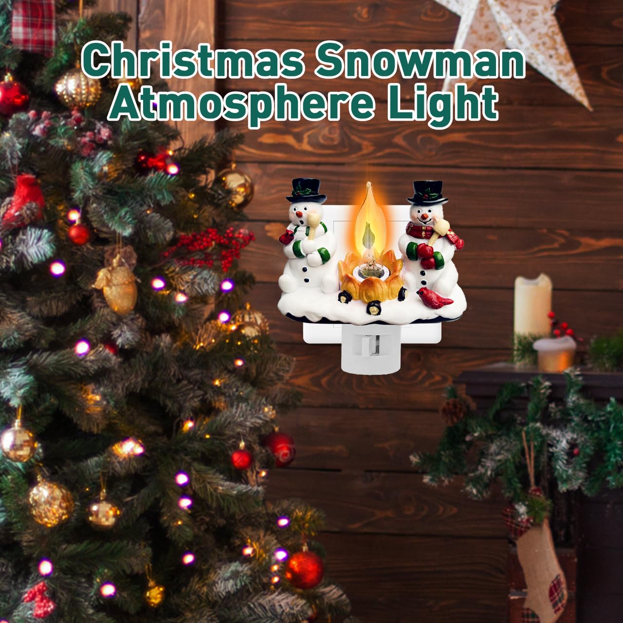 Christmas Decorations，Snowman Campfire Night Light，4 Inch Resin Rotating Plug Christmas Night Light with Flame Flicker Effect, Suitable for Children's Room, Hallway, Living Room, Staircase Decoration