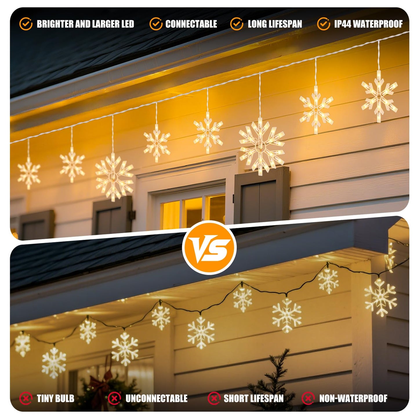 Snowflake Christmas String Lights with 9 Drops - 13ft 150 Mini Bulb Icicle Lights with Hooks, Plug-in Connectable Hanging Lights for Christmas Home Indoor Outdoor Party Wedding Holiday Décor, 2 Pack