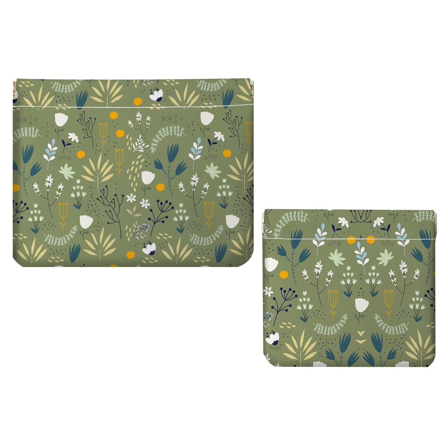 Luoycxy 2 PCS PU Leather Small Makeup Bag Set for Purse,No Zipper Self-closing Cosmetic Bag, Portable Coin Purse Lipstick Accessories Organizer Travel Toiletry Storage Pouch for Women,Green Flower