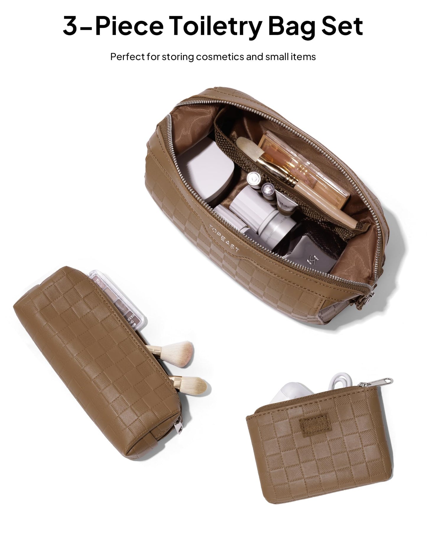TOPEAST Travel Makeup Bag Cosmetic Bags for Women, 3 Pcs Set Make Up Toiletry Bag with Removable Zip Purse, Waterproof Leather Makeup Brush Organizer for Travel Essentials, Brown
