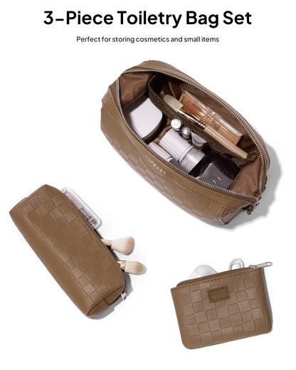 TOPEAST Travel Makeup Bag Cosmetic Bags for Women, 3 Pcs Set Make Up Toiletry Bag with Removable Zip Purse, Waterproof Leather Makeup Brush Organizer for Travel Essentials, Brown
