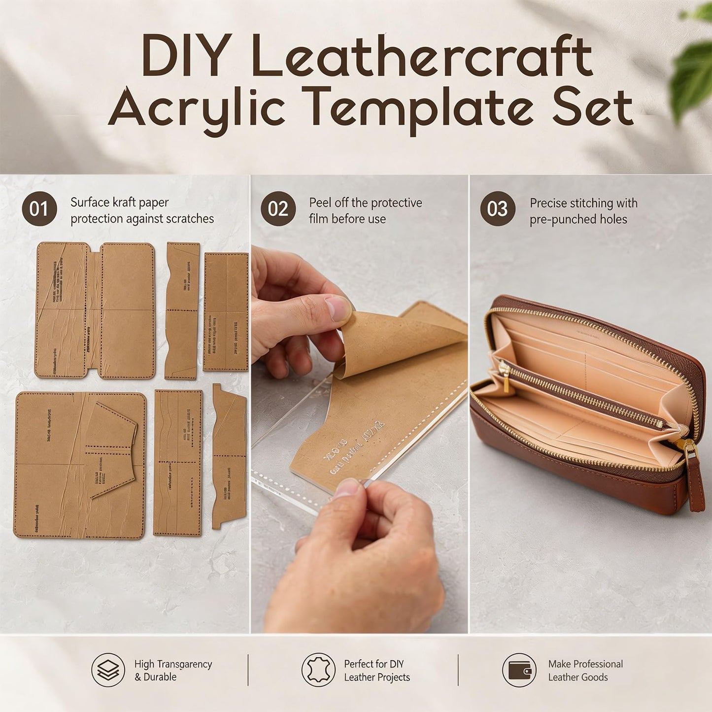 RIVEENY Leather Purse Templates, Acrylic Leather Patterns Templates for Women's Wallet Long Clutch Zip Around Travel Leather Purse