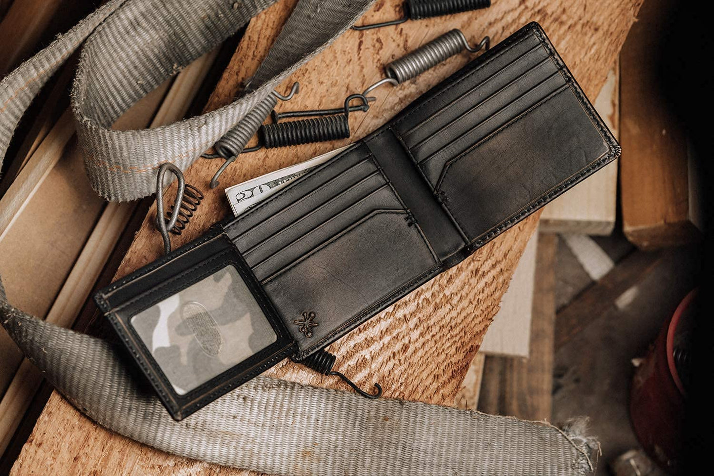House of Jack Co. Deer Men's Double ID Bifold Wallet, Full Grain Leather Hunting Wallet, 2 ID Windows, 10 Card Slots, Camo Lining, Embossed Whitetail Deer, Hunter Gift for Men, Black