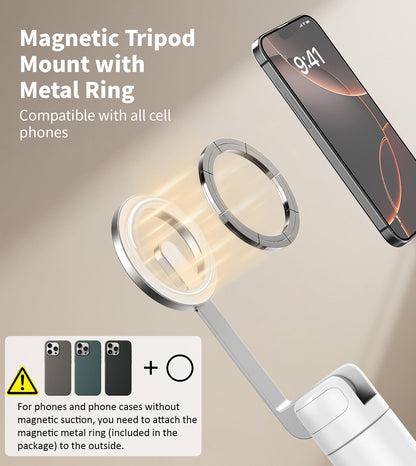 TONEOF 68" Magnetic Selfie Stick Tripod with Aluminum Strong Magnetic Holder for Magsafe, 360° Rotatable Travel Phone Tripod Stand with Metal Ring & Rechargeable Remote for iPhone/Android(Beige Gray)