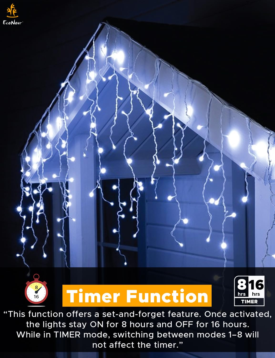 EcoNour Cool White Easter Icicle Lights for Outside, 114.82 FT 1000LED Outdoor Icicle Lights with 8 Mode, 8HR Timer, Memory Function, Clear Wire connectable, Plug in Fairy Lights for Roofline, Party