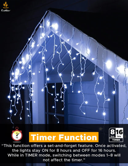 EcoNour Cool White Easter Icicle Lights for Outside, 114.82 FT 1000LED Outdoor Icicle Lights with 8 Mode, 8HR Timer, Memory Function, Clear Wire connectable, Plug in Fairy Lights for Roofline, Party
