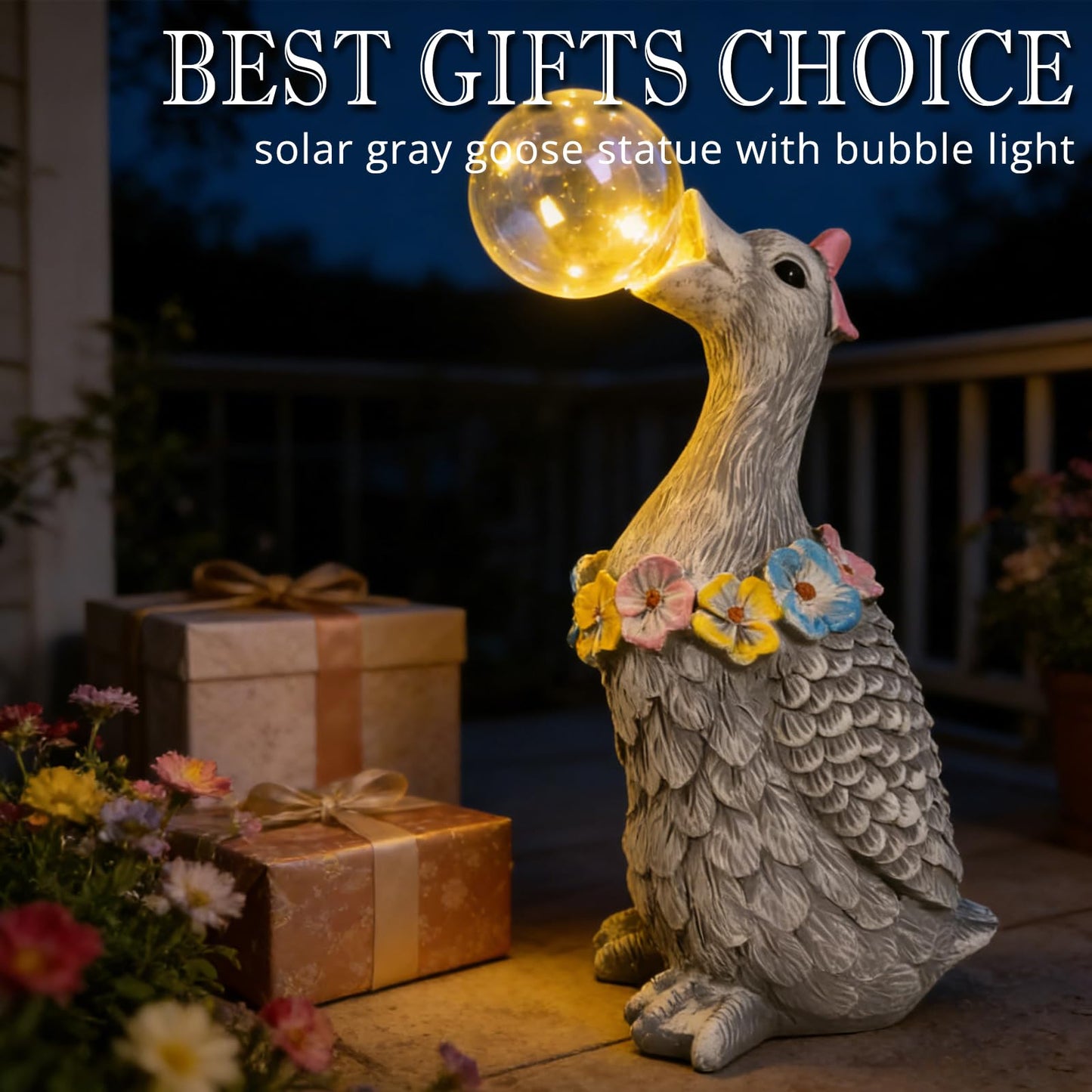 Vasesun Porch Goose Statue with Solar Bubble Light Garden Gray Figurine Decor for Yard Lawn Patio Outdoor Decorations Housewarming Gifts for Mom Grandma Women