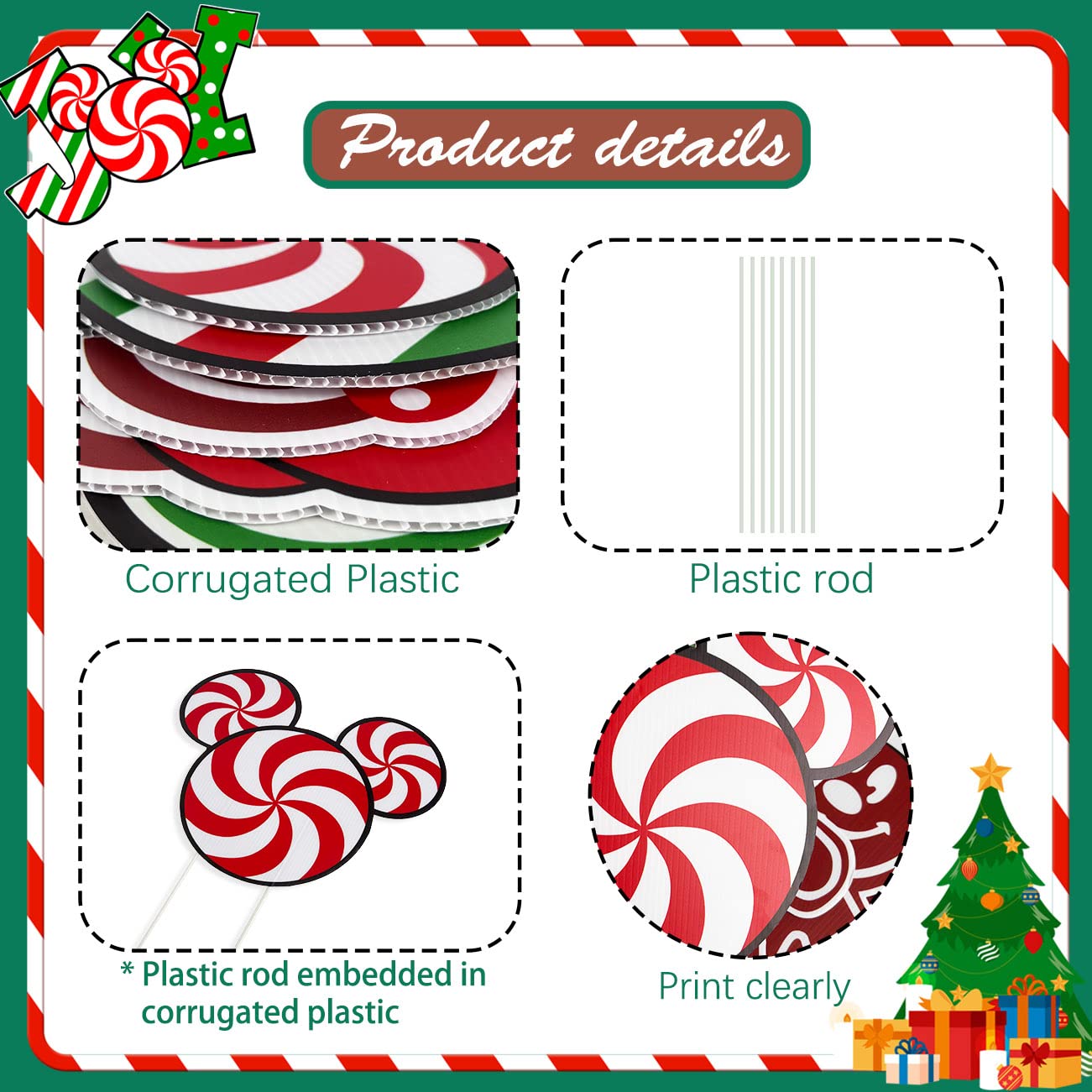 6Pcs Candy Outdoor Mouse Gingerbread Yard Signs - Candy Cane Peppermint Decorations - Waterproof Lawn Signs for Pathway Walkway Decor