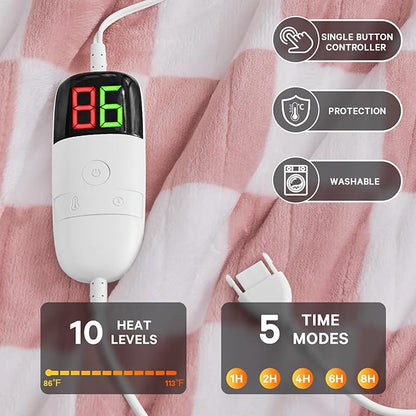 Light Pink Heated Blanket Electric Twin Size, 62X84 Heating Blanket with 10 Heat Levels & 8 Hours Auto Off, Checkered Plaid Soft Fleece Sherpa Blankets Warmer Gifts for Couch Grandma Women Adults