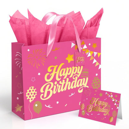 13” Pink Birthday Gift Bag with Tissue Paper and Greeting Card, Happy Birthday Gift Bags for Party, Hot Foil Stamping Design Gift Wrap Bags Decor for Women and Kids, 1 PCS, Medium Size