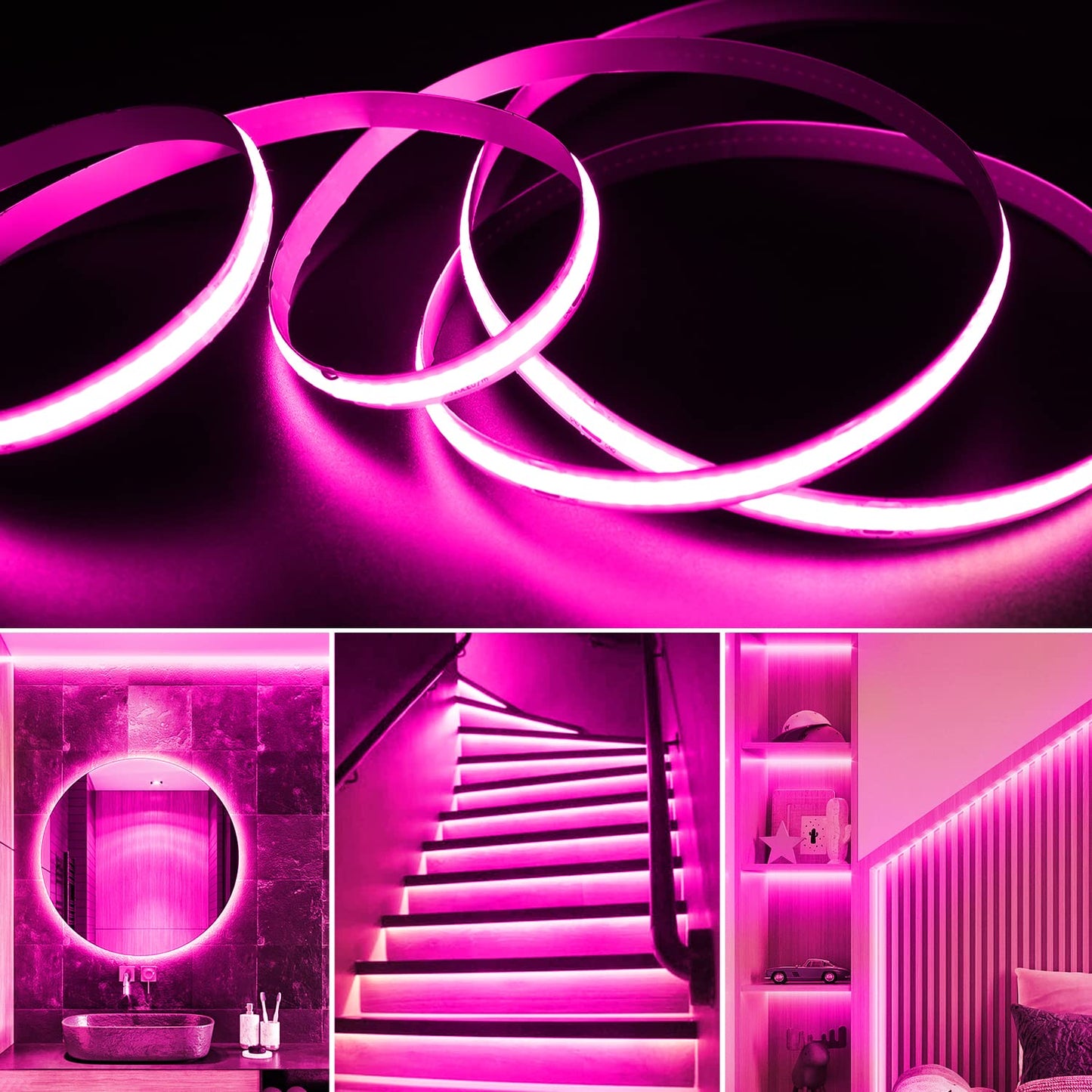 Smacen Battery Powered COB Led Strip Lights, 4.92Ft Battery Operated Pink LED Strip Light, High Brightness Flexible LED Tape Lights for Room, Cabinet, Bedroom, Kitchen, Party, Home DIY Decoration