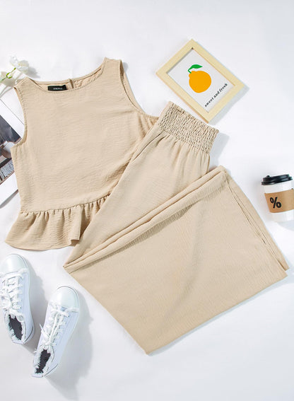 Dokotoo Pants Sets Women 2 Piece Outfits Sleeveless Round Neck Tank Tops Matching Sets for Women Elastic Waist Wide Leg