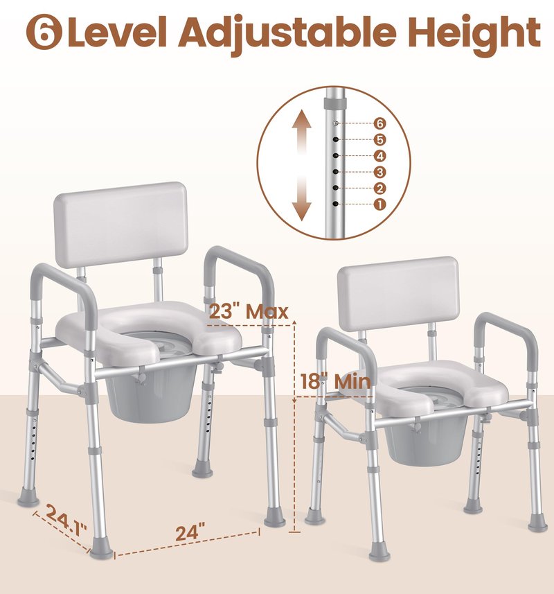 soundfuse Bedside Commode Toilet, Padded Seat and Backrest, Aluminum Frame