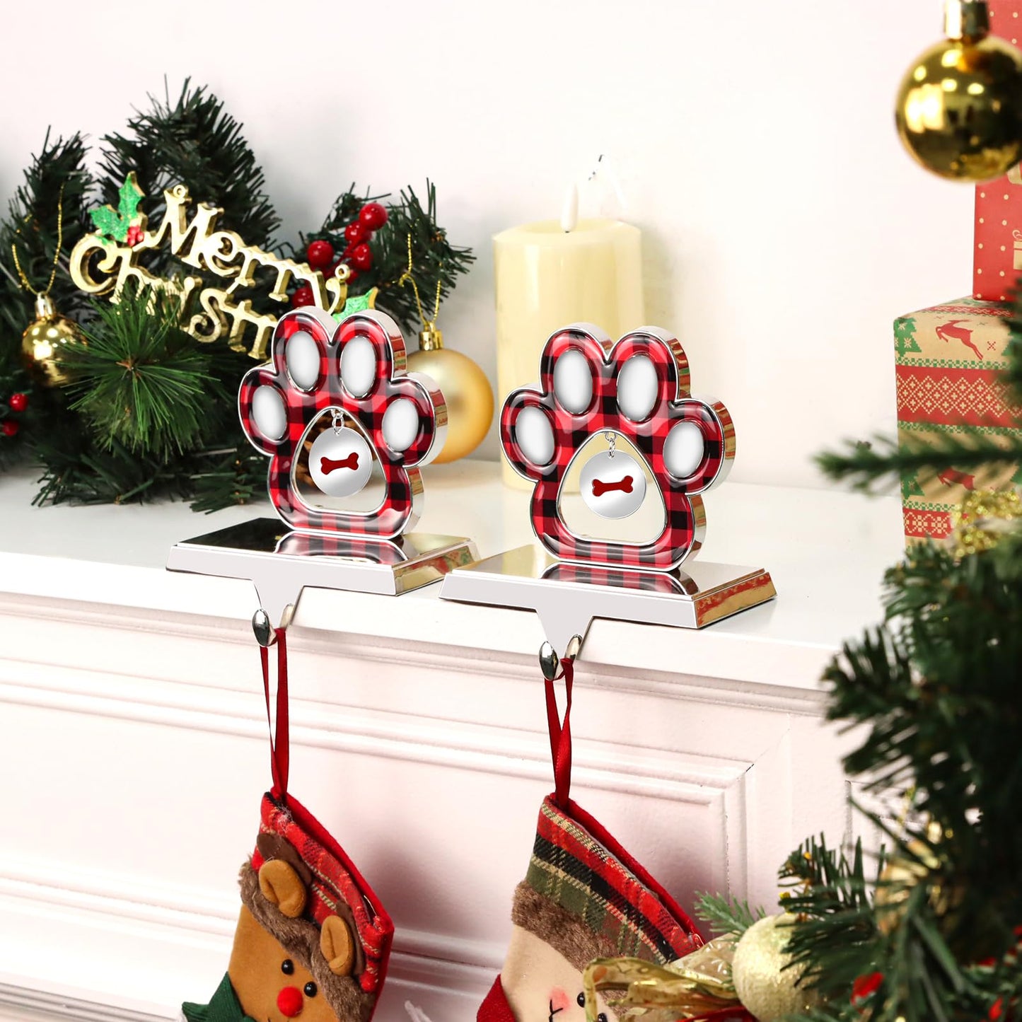 Hxezoc 2 Pack 3D Dog Paw Christmas Stocking Holder with Small Dog Paw Pendant Silver Metal Mantel Pet Paw Stocking Hangers for Christmas Fireplace Mantel Decorations Christmas Holiday Supplies