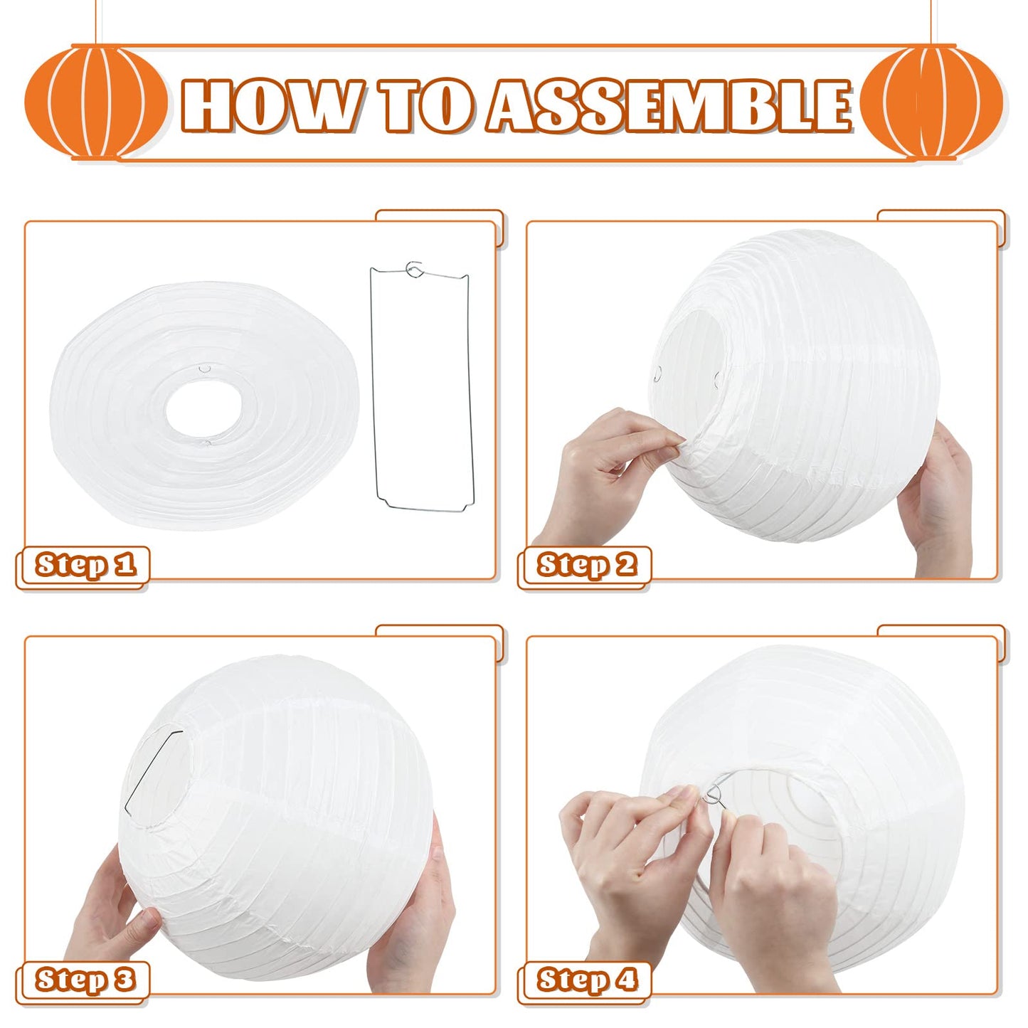 White Hanging Paper Lanterns, Round Chinese Paper Lanterns, Party Wedding Anniversary Decorations, 4 Size - 10 Pieces