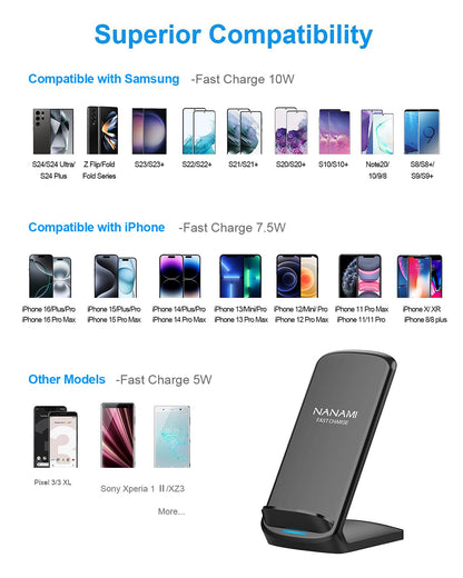 NANAMI Upgraded Fast Wireless Charger, Qi-Certified Wireless Charging Stand Compatible with Samsung Galaxy S25/S24/S23/S22/S21/S20 & Qi Phone Charger for iPhone 17/17 Air/16/16 Plus/16 Pro/15/14/13