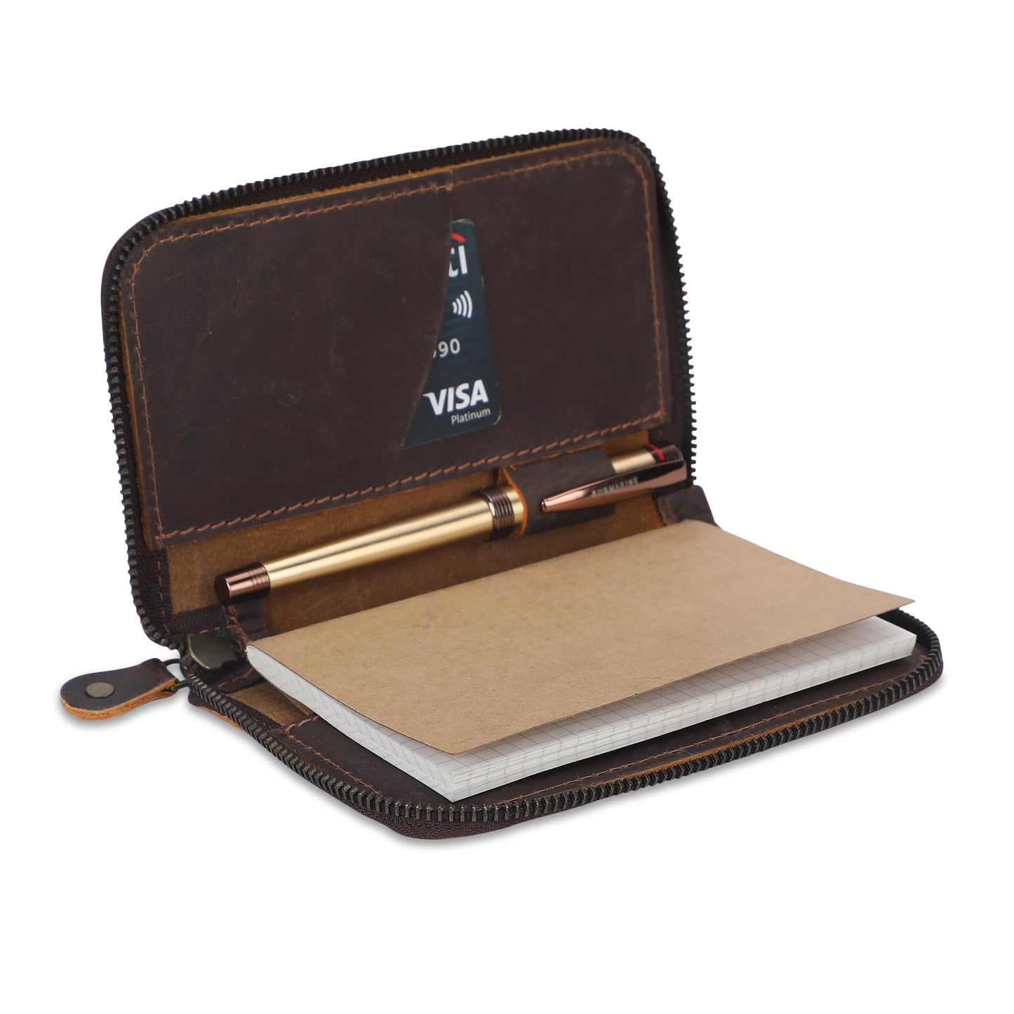CestAntiQ Zippered Leather Journal Cover Compatible with Moleskine Cahier TWONE Original Kraft Elan Pitch Black Pocket Size 3.5 x 5.5 for Field Notes Notebook Memo Books with Pen Holder Handmade Brown