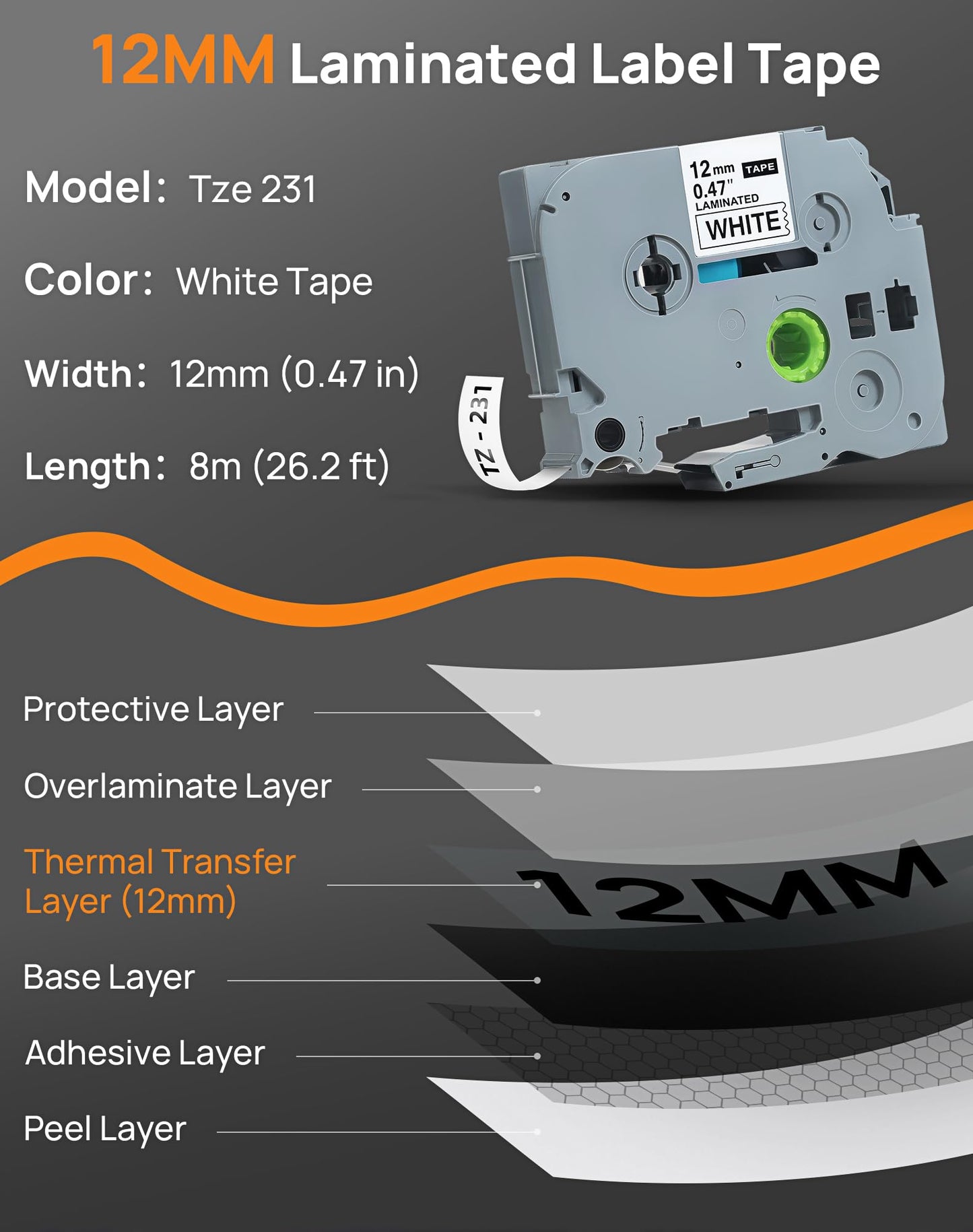 BORN4SHIP Replacement Brother P-Touch Label Tape, Tze Tape 12mm 0.47 Laminated White Tze-231 Tz 231 Tapes Compatible with Brother Label Maker PT-D210 D220 D400 D410 D450 H110 1280 Refill 6 Pack