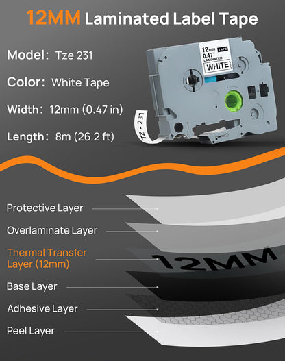 BORN4SHIP Label Maker Tape 12mm 0.47 Laminated White, Replace for Brother P Touch Label Tape Refills, Tze 231 Tz Tapes Compatible with Brother PT-H100 H110 D200 D210 D220 D400 D410 D600 Etc, 4 Packs