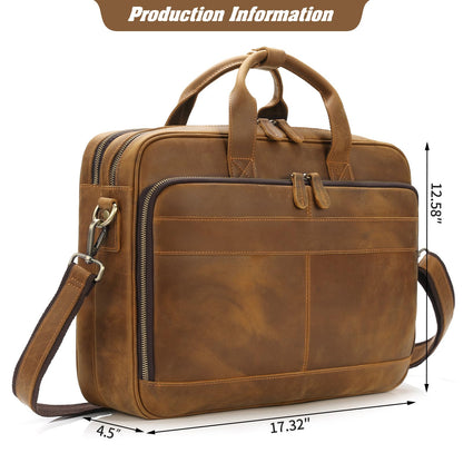Jack&Chris Full Grain Leather Briefcase for Men,Business Messenger Bag Fits 15.6" Laptop, Vintage Business Messenger Bag with Adjustable Strap, Durable Briefcase with Travel Luggage Strap