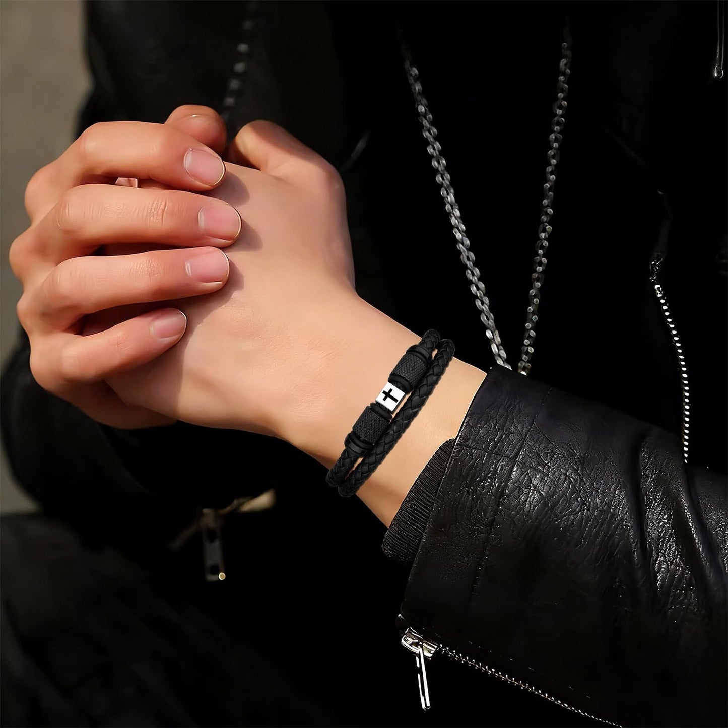 Leejory Christian Cross Bracelet for Men, Double-Row Braided Genuine Black Leather Multi-layer Cuff Bracelet Adjustable Wristband, Catholic Religious Jewelry Baptism Easter Gifts for Young Men Teenage