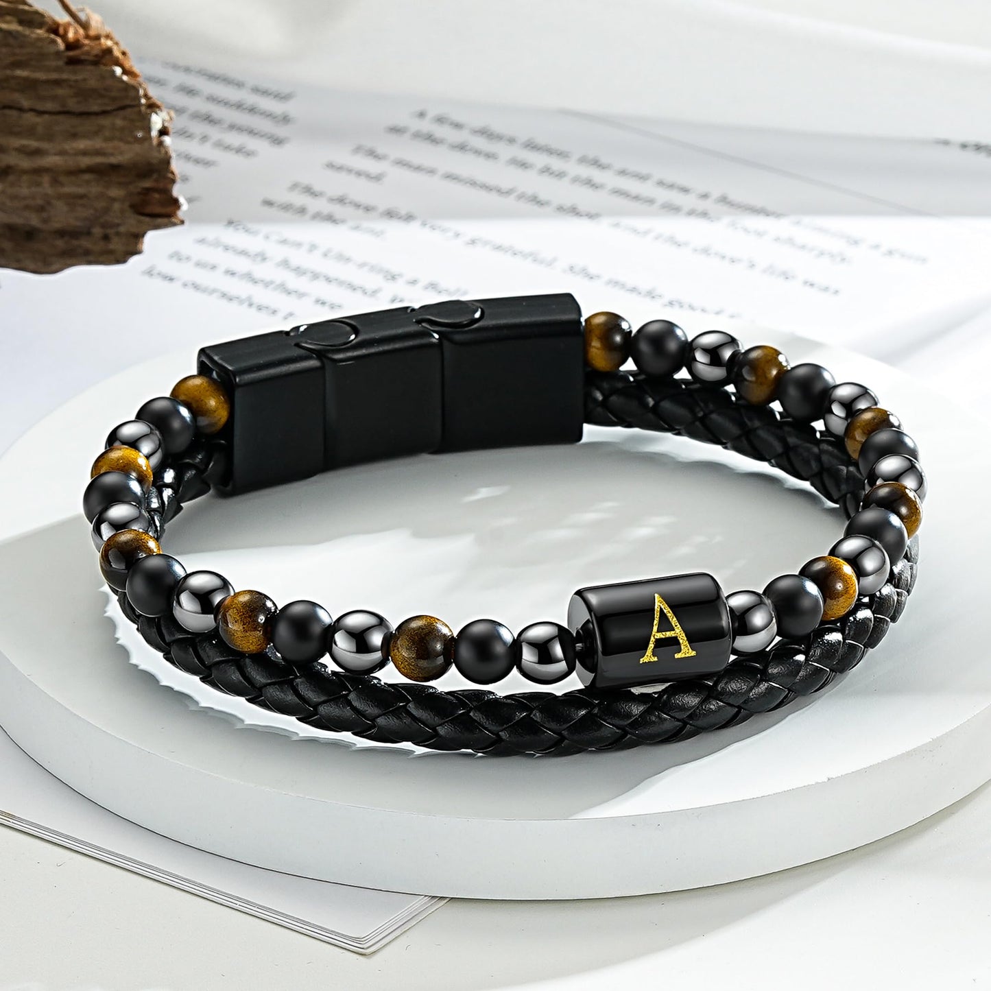 OUTSTHAND Leather Initial Bracelets for Men, Tiger Eye Beaded Bracelets Birthday Gifts for Husband Boyfriend Dad Gifts for Mens Personalized Mens Jewelry Fathers Day Gift for Men