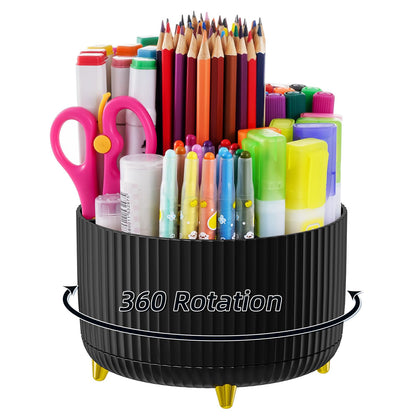 Marbrasse Desk Organizer, 360-Degree Rotating Pen Holder, Desk Organizers and Accessories with 5 Compartments Pencil Holder, Art Supply Storage Box Caddy for Office, Home (Black)