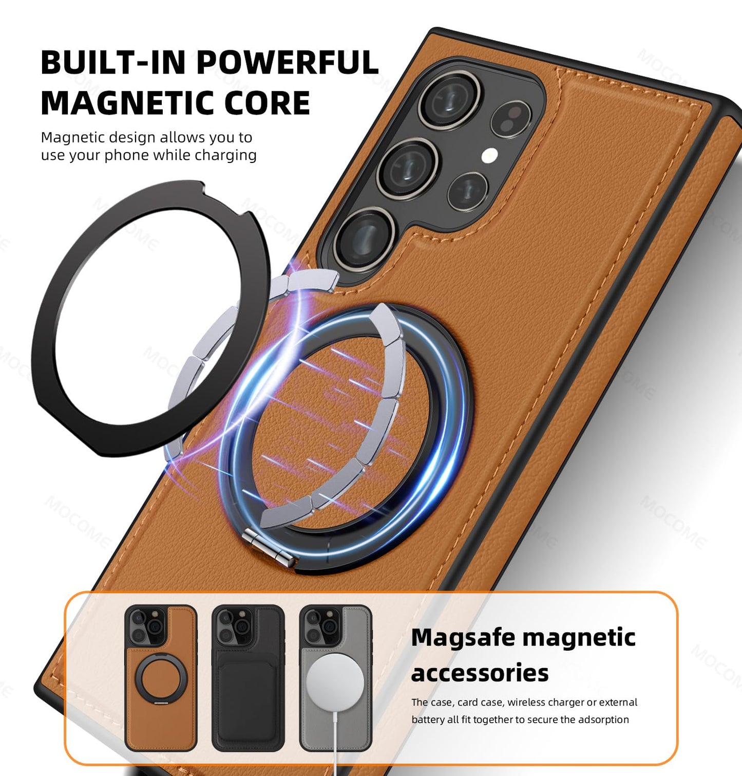 Newhalper Magnetic PU Leather Case Fit for Samsung Galaxy S24 Ultra [Compatible with MagSafe][360-Degree Rotatable Ring Stand & Kickstand] Phone Cover for Samsung S24 Ultra (Brown)
