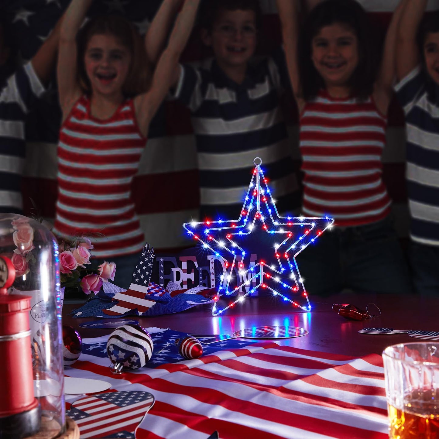 BlcTec 4th of July Decorations, 3 Layers of 14inch Red White Blue Big Stars with Rotatable Function, Durable Metal Frame Patriotic Stars Lights with Remote, 8 Modes & Timer for July 4th Decor, 2 Packs